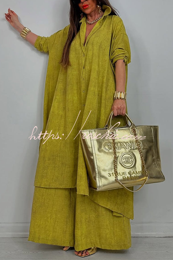 Solid Color Casual Loose Long Shirt and Elastic Waist Pocket Wide Leg Pants Set