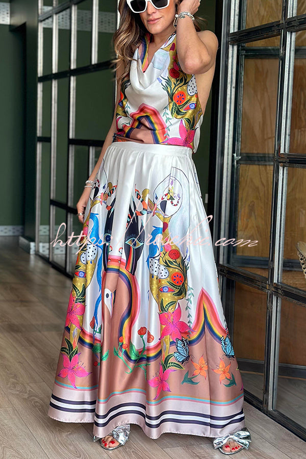 Evangeline Satin Unique Print Back Tie-up Pocket Halter Maxi Dress