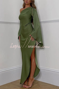 Zayla Satin Asymmetrical One Shoulder Bell Sleeve Slit Maxi Dress