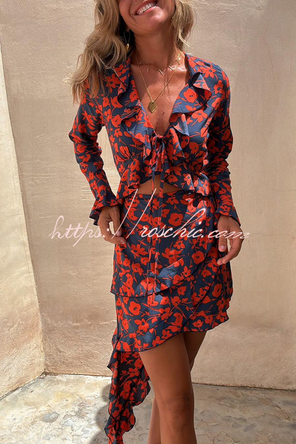 Romantic Summer Floral Print Asymmetric Ruffle Design Tie-up Mini Dress