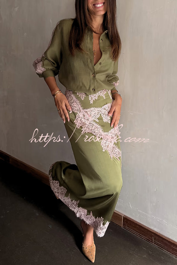 Eye-catching Work Contrast Color Satin Lace Trim Mid Rise Maxi Skirt