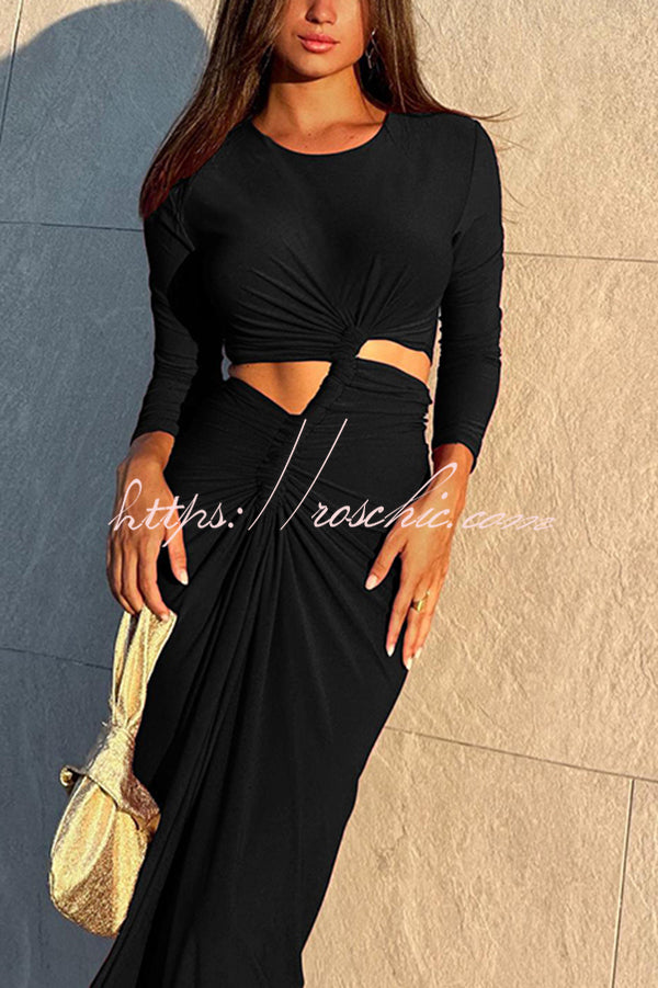 Solid Color Round Neck Long Sleeve Sexy Exposed Waist Slit Maxi Dress