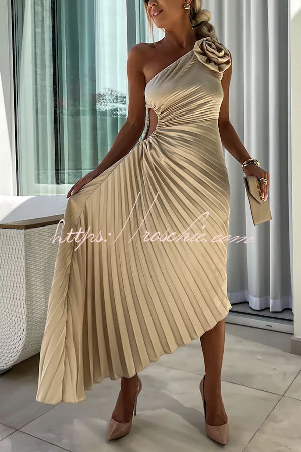 Romantic Nights Satin Raised Flower Elastic Cutout One Shoulder Pleated Maxi Dress