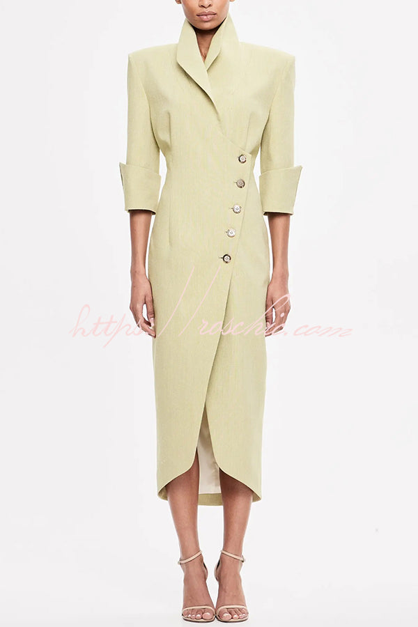 Elegant Look Linen Blend Stand Lapel Neck Half Sleeve Side Button Midi Dress