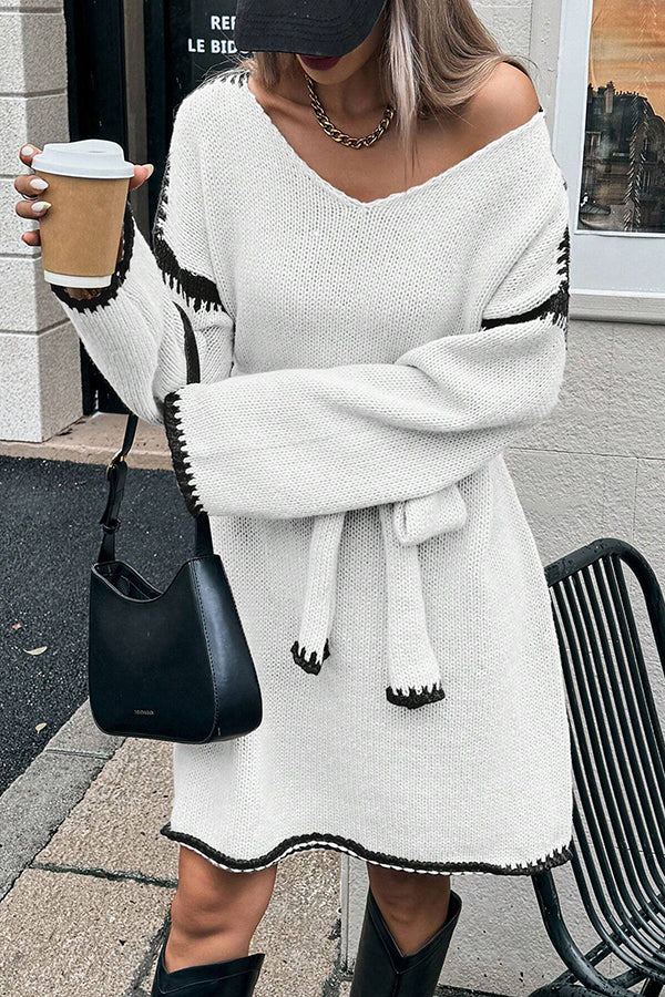 Stylish Loose-fitting Long-sleeved Tie-waist Knit Mini Dress