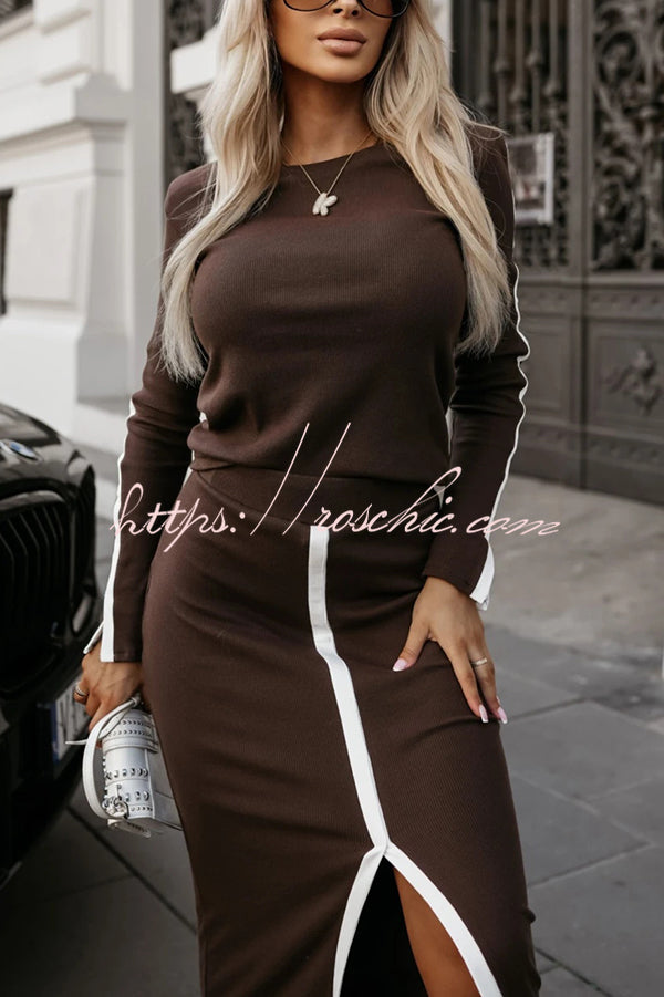 Stylish Paneled Long Sleeve Crew Neck Top and Elastic Waist Slit Midi Skirt Set