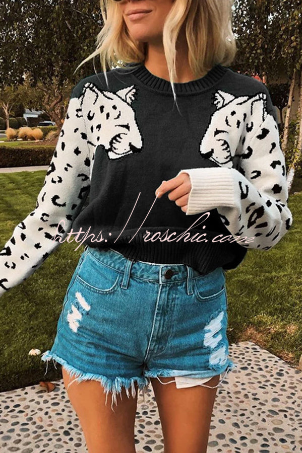 Always Spot Leopard Print Crew Neck Long Sleeve Sweater