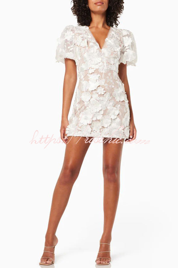 Garden Gala Embroidered Floral Applique Puff Sleeve Mini Dress