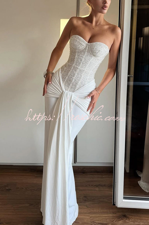 Carina Sequined and Satin Jersey Off Shoulder Ruched Knot Drape Maxi Dress