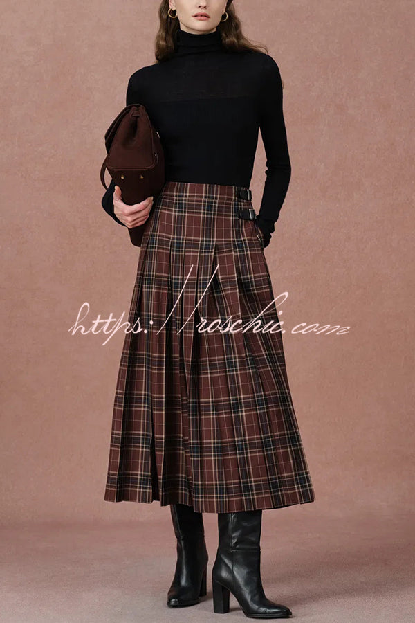 Yehudit Plaid Belt Buckle Design High Rise Pocket Midi Umbrella Skirt