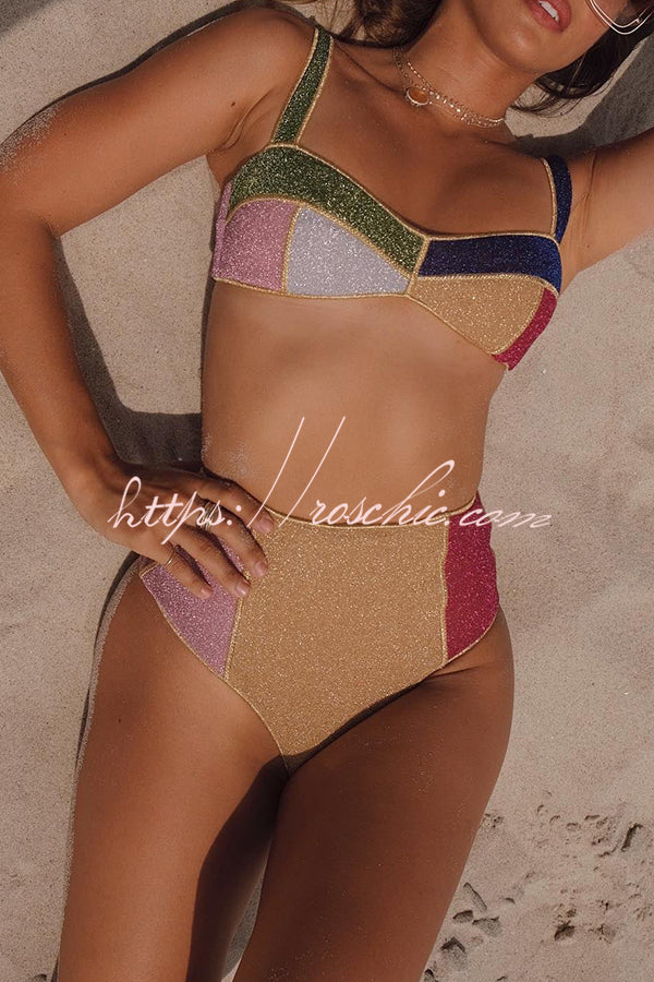 Dream Beach Glitter Fabric Color Block High Waist Bikini Swimsuit