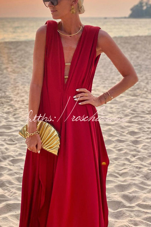Waiting for Sunset Gold Detail Cape Effect Drapped Vacation Maxi Dress