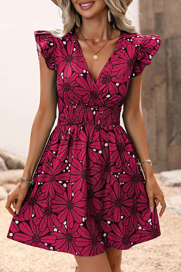 Wonderful Weekend Floral Print Ruffle Sleeve Elastic Waist Mini Dress