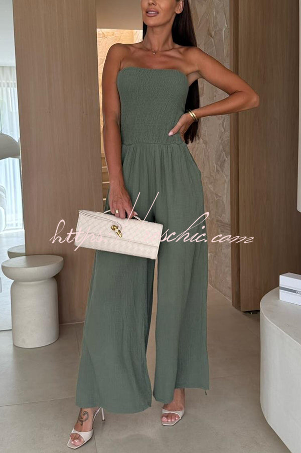 Linen Blend Solid Color Off-the-shoulder Pleated Casual Pocket Wide-leg Jumpsuit