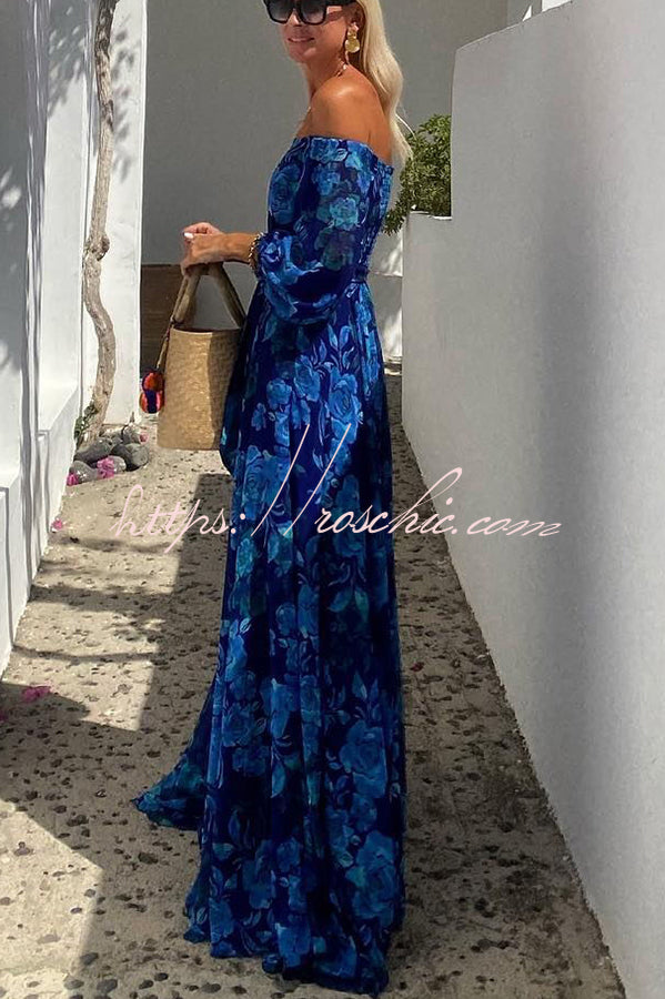 With Love Floral Off Shoulder Back Smocked Vacation Maxi Dress, Blue / M With Love Floral Off Shoulder Back Smocked Vacation Maxi Dress, Blue / M