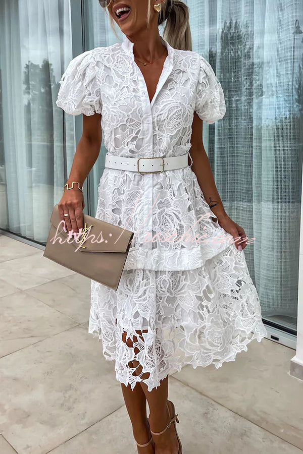 Absolutely Elegant Floral Crochet Lace Puff Sleeve Belted Shirt Midi Dress