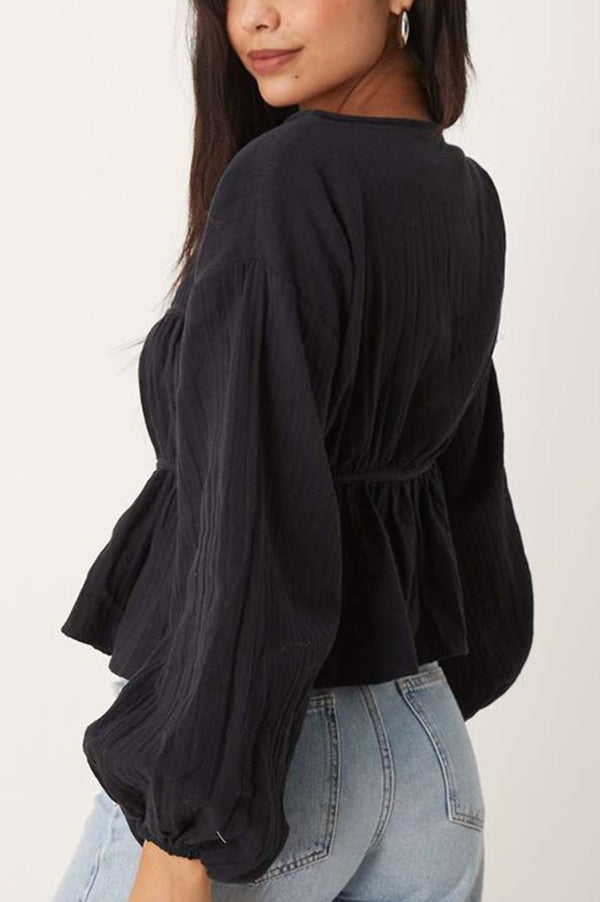 Solid Color V-neck Long-sleeved Tie-up Pleated Loose Top