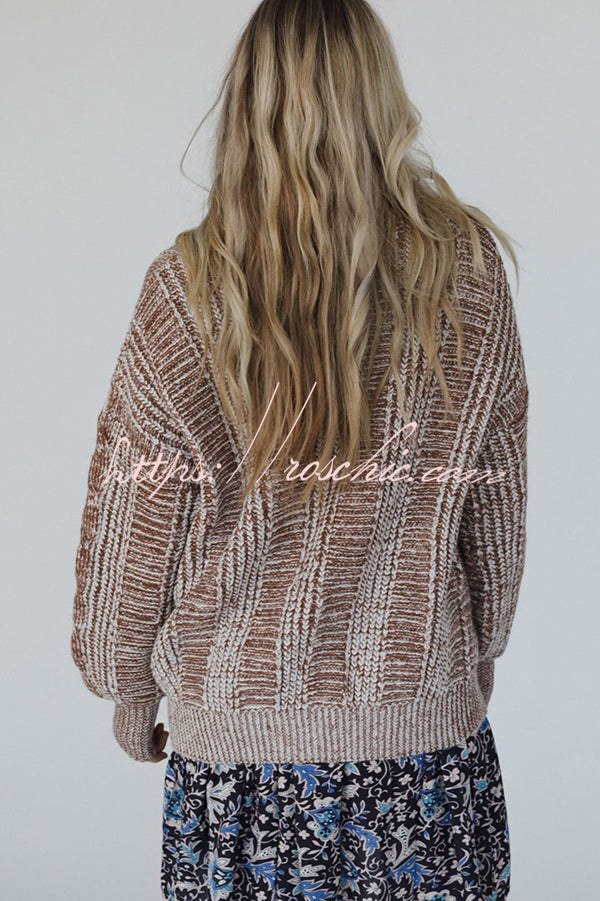 Casual V-neck Long-sleeved Striped Button-down Knitted Cardigan