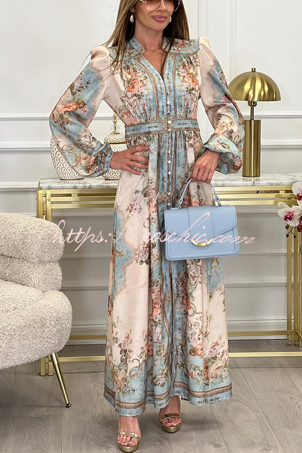 Fresh Pickings Floral Bohemian Print Balloon Sleeve Button Up Maxi Dress