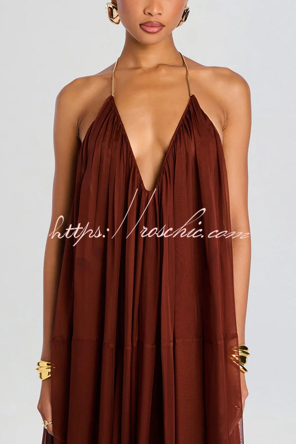 Flowing Lightweight Chiffon Chain Halter Neck Detail Backless A-line Maxi Dress