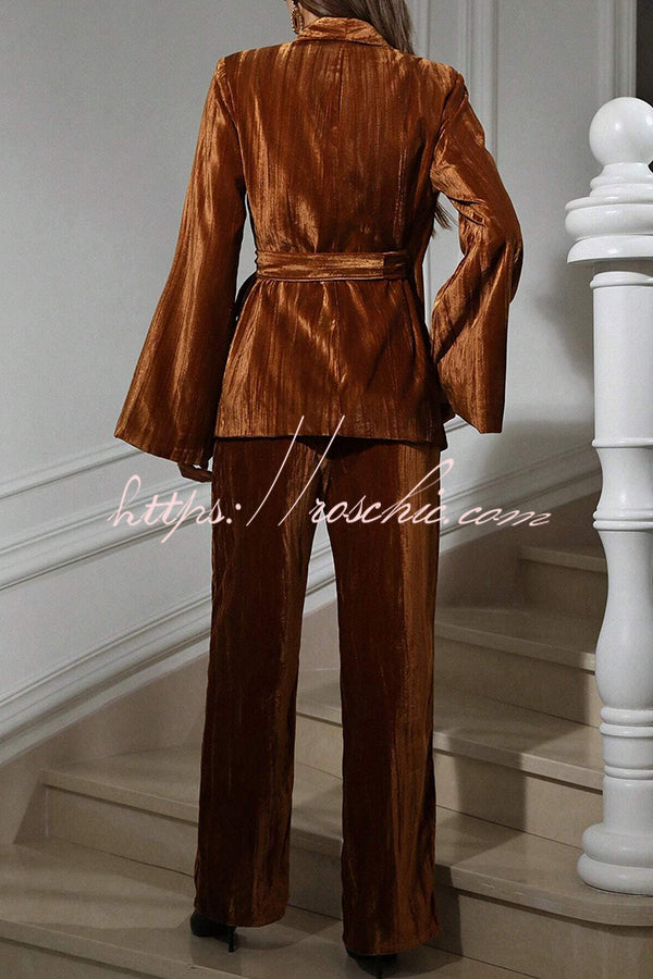 Solid Color Velvet Pleated Long-sleeved Tie Top and Casual Pocket Straight-leg Pants Set