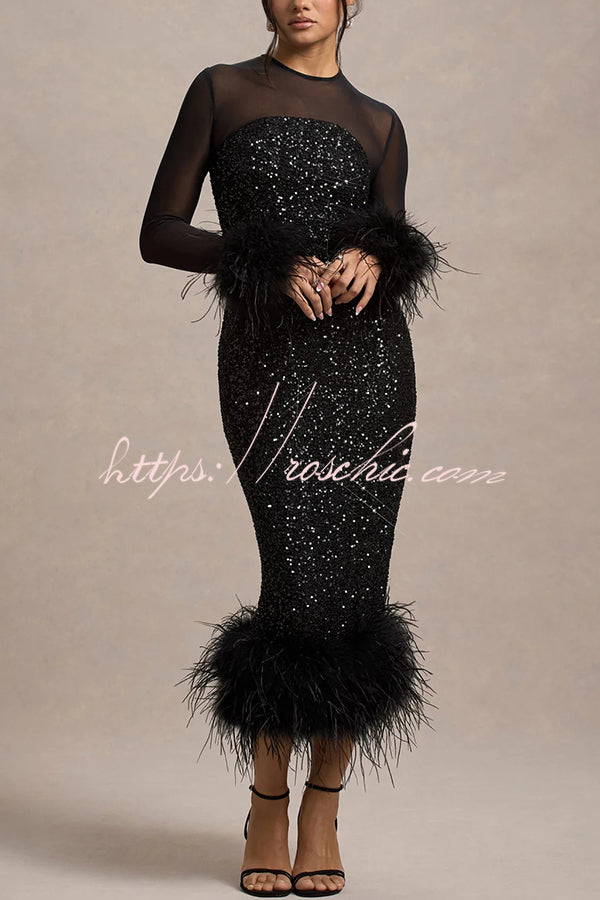 Glamor and Drama Mesh Sequin Patchwork Feather Trim Stretch Midi Dress