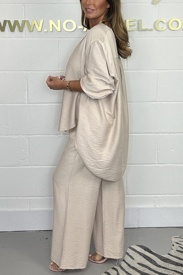 Satin Solid Color Loose Round Neck Top and Elastic Waist Casual Wide-leg Pants Set