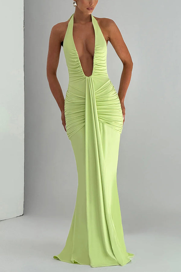 gathered halterneck maxi dress Solid Color Elegant Halterneck V-neck Open Back Tie Gathered Maxi Dre –  roschic