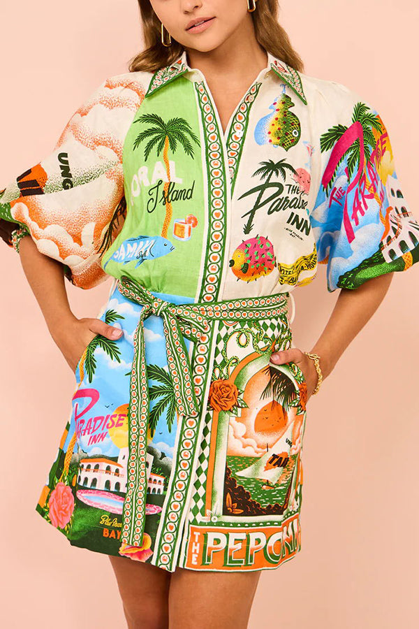 Summer Sophistication Linen Blend Unique Print Belted Pocket Shirt Mini Dress, Multicolor / XL Summer Sophistication Linen Blend Unique Print Belted Pocket Shirt Mini Dress, Multicolor / XL