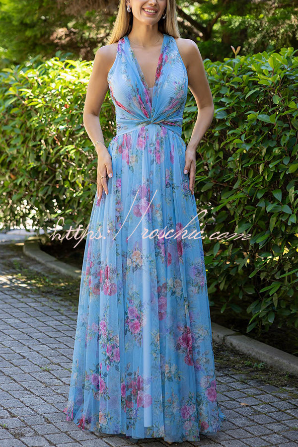 Autumn Romantic Floral Tulle Twist Detail Backless Slit Formal Maxi Dress