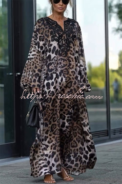 Rayna Lace Mixed Leopard Print Balloon Sleeve A-line Maxi Dress