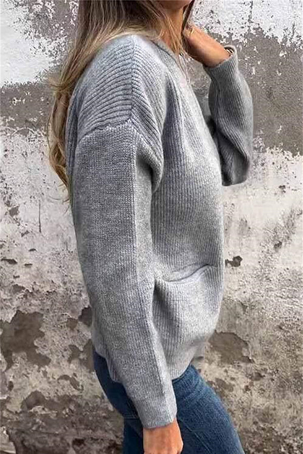 Solid Color Long Sleeve Zipper Pocket Casual Knitted Cardigan