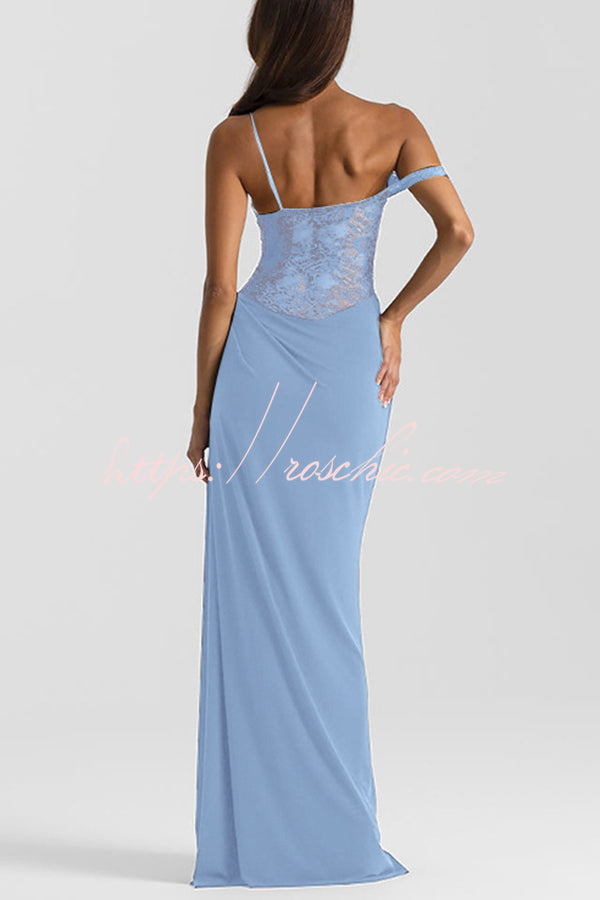 Sexy See-Through Lace Suspender Slim Slit Maxi Dress