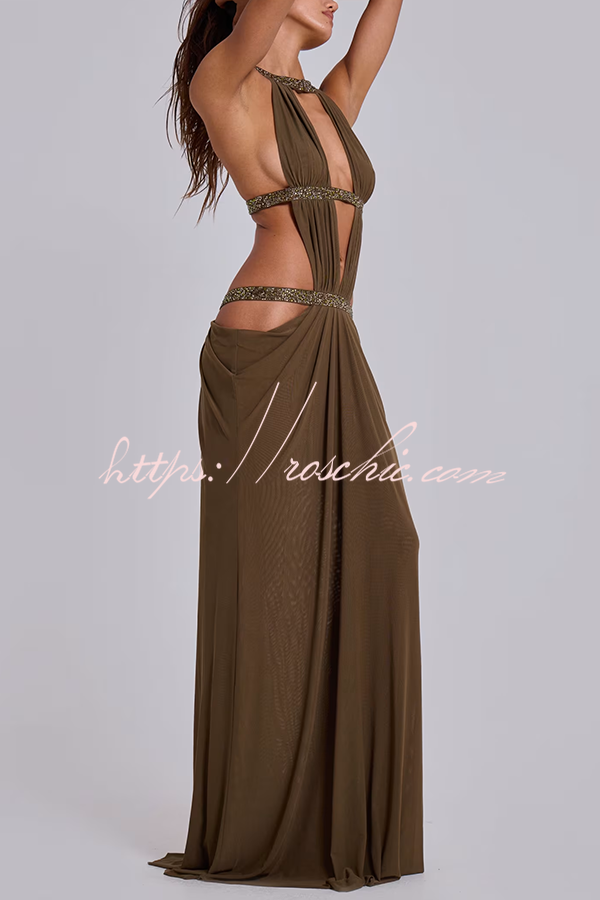 Khaki Hot-fix Rhinestone Shoulder Strap Cutout Design Backless Drape Maxi Dress