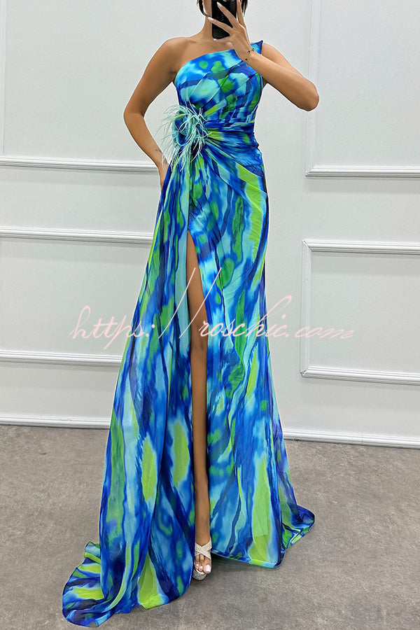 Amazing Views Watercolor Print Feather Rose Detail Off Shoulder Pleated Slit Maxi Dress