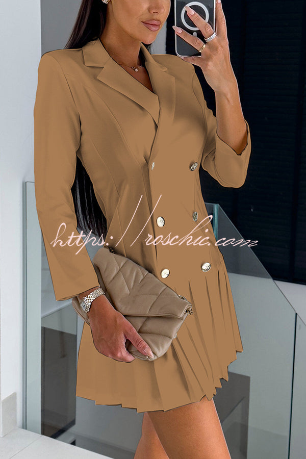 Kayleen Metal Button Down Solid Color Long Sleeve Pleated Blazer Mini Dress