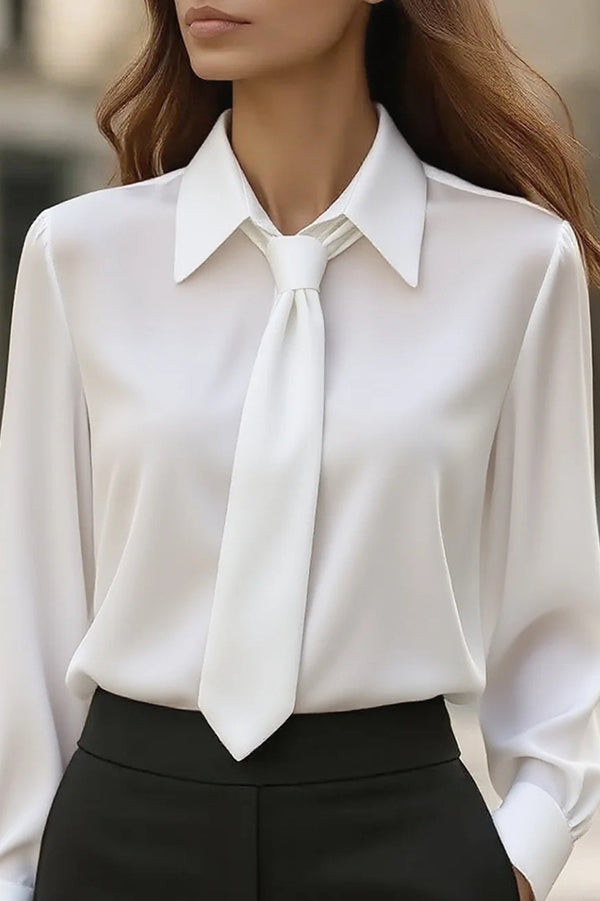Solid Color Satin Tie Long Sleeve Casual Shirt