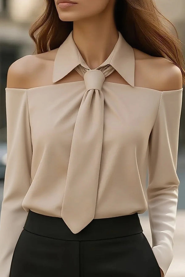 Solid Color Long-sleeved Lapel Off-shoulder Casual Shirt