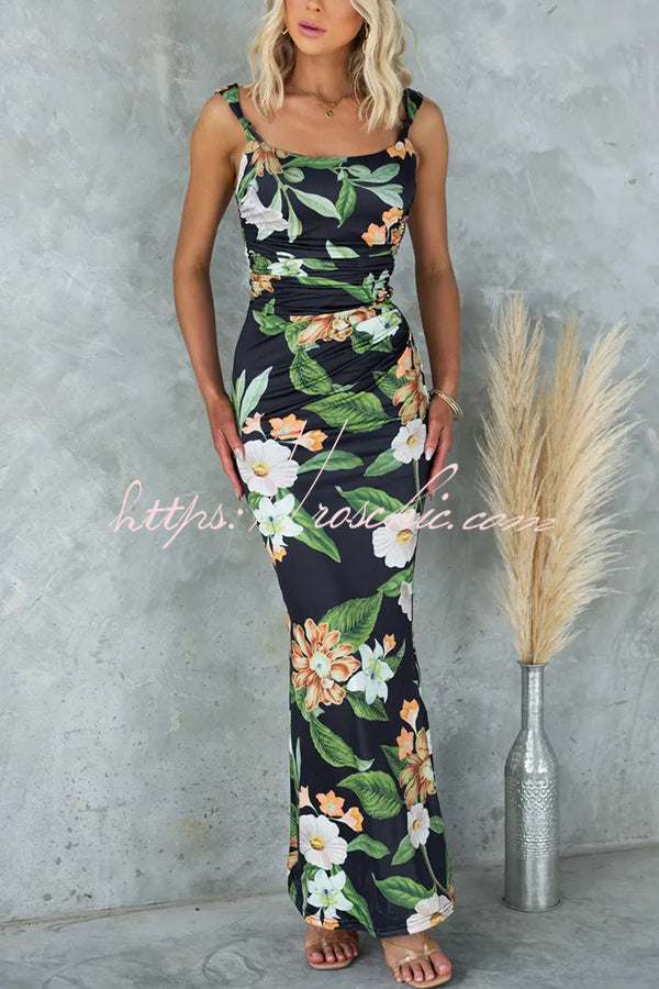 Enslee Floral Print Scoop Neckline Ruched Stretch Maxi Dress