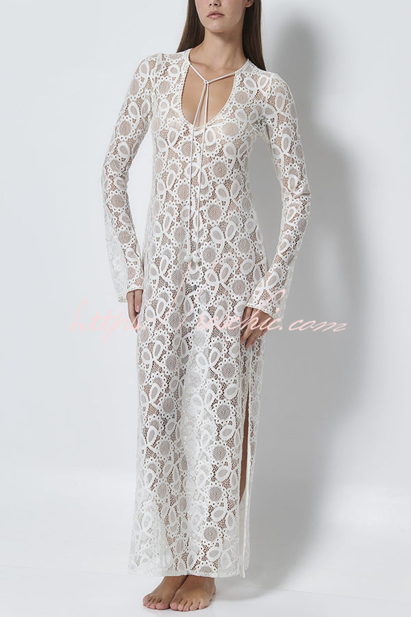Santorini Sunset Floral Lace Long Sleeve Slit Vacation Maxi Dress – roschic