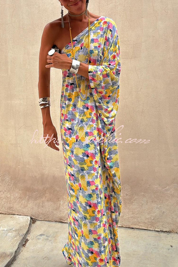 Indio Watercolor Print One Shoulder Drape Sleeve Maxi Dress