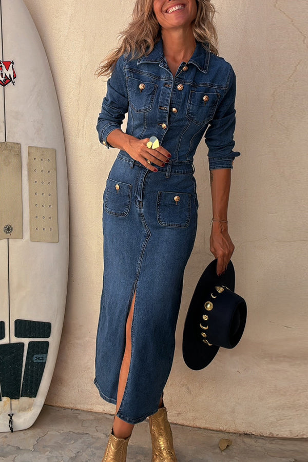 Tessy Denim Metal Button Zipper Shirt Stretch Pencil Slit Midi Dress roschic Tessy Denim Metal Button Zipper Shirt Stretch Pencil Slit Midi Dress roschic