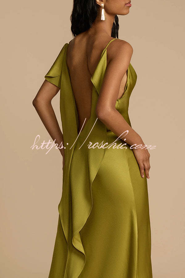 Evening Date Satin Cowl Neck Drape Ruffle Backless Bias Cut Party Max Green / XL Evening Date Satin Cowl Neck Drape Ruffle Backless Bias Cut Party Max Green / XL