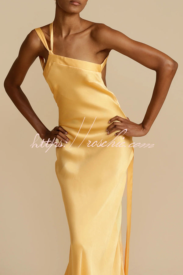 Moonlit Soiree Satin Asymmetrical One Shoulder Backless Strap Maxi Dress