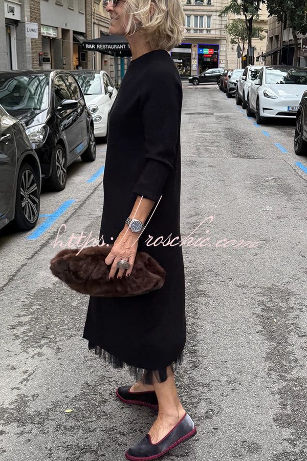 Jollie Knit Long Sleeve Front Slit Midi Sweater and Pleated Tulle Stretch Tank Midi Dress Two-piece