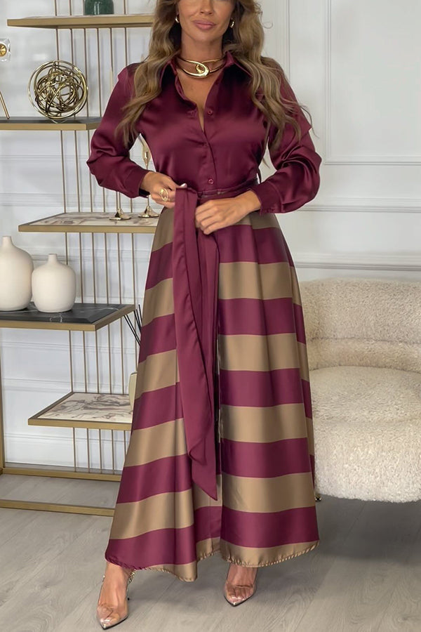 Lindsey Satin Colorblock Contrast Long Sleeve Belted Shirt Maxi Dress, Wine Red / M Lindsey Satin Colorblock Contrast Long Sleeve Belted Shirt Maxi Dress, Wine Red / M