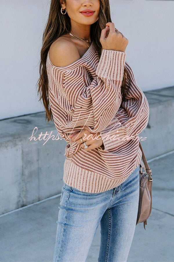 Knitted Striped Round Neck Dolman Sleeve Casual Loose Sweater