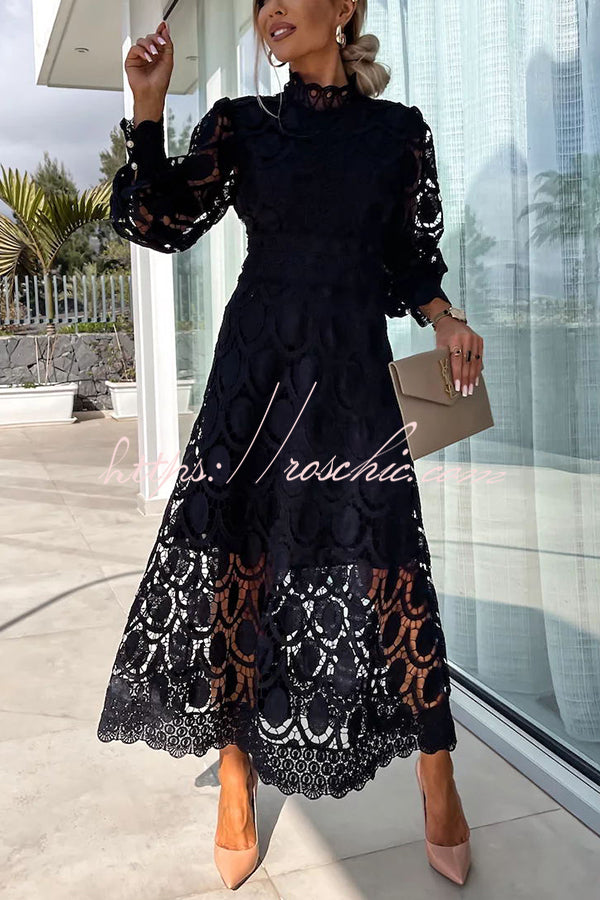 Romantic, Sensual and Elegant Crochet Lace Lantern Sleeve Party Midi roschic Romantic, Sensual and Elegant Crochet Lace Lantern Sleeve Party Midi roschic