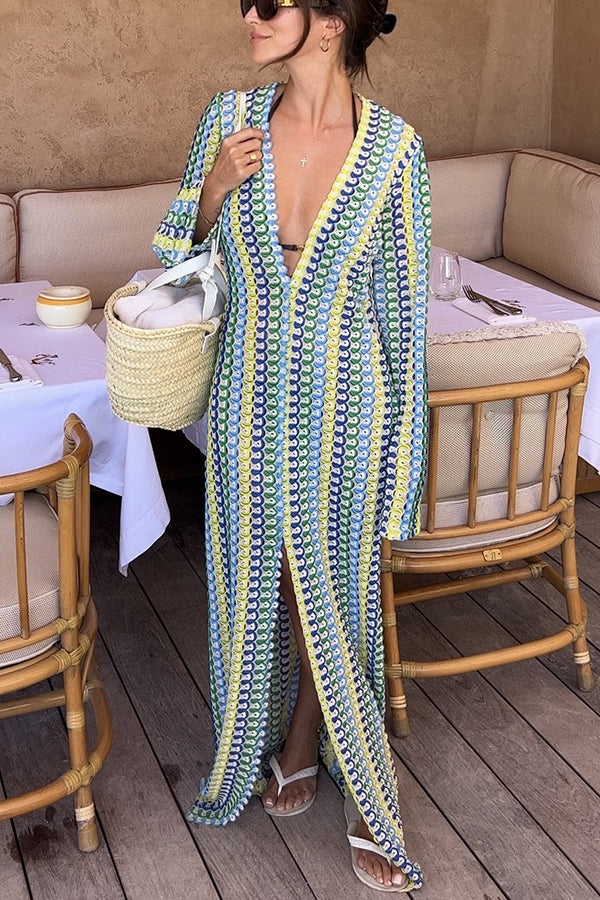 Bondi Beach Knit Colorful Wave Print Long Sleeve Vacation Maxi Dress roschic Bondi Beach Knit Colorful Wave Print Long Sleeve Vacation Maxi Dress roschic