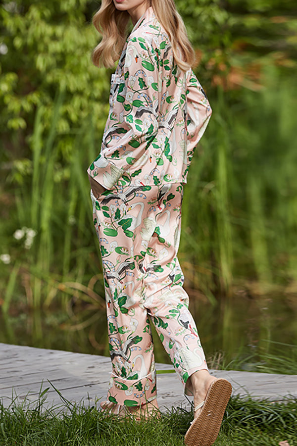 Swan Crane Printed Home Long Sleeved Two-piece Set